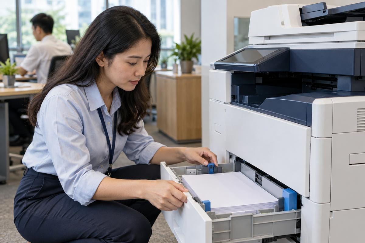 Ilustrasi pemeriksaan tray dan susunan kertas untuk mencegah paper jam pada mesin fotokopi kantor
