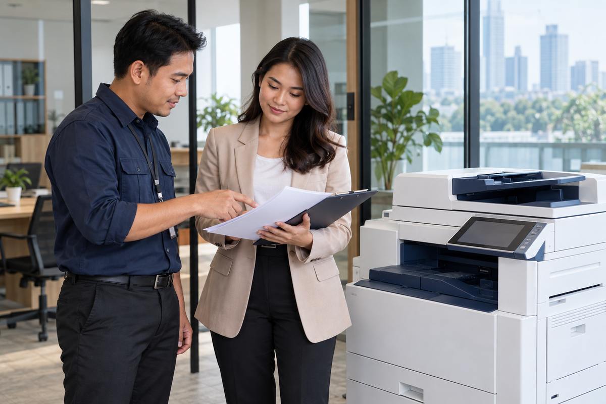 Ilustrasi dua rekan bisnis meninjau checklist layanan sewa mesin fotokopi di ruang kantor